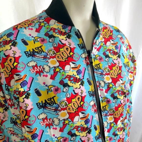 COMIC BOOK BOMBER JACKET CARTOON POW POP GRAPHIC BLUE RED MULTICOLOURED MEDIUM - Picture 8 of 12